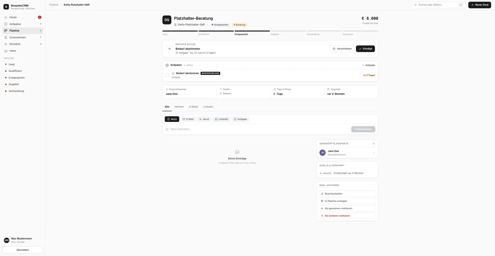 Screenshot der Deal Details Seite der BespokeCRM Software