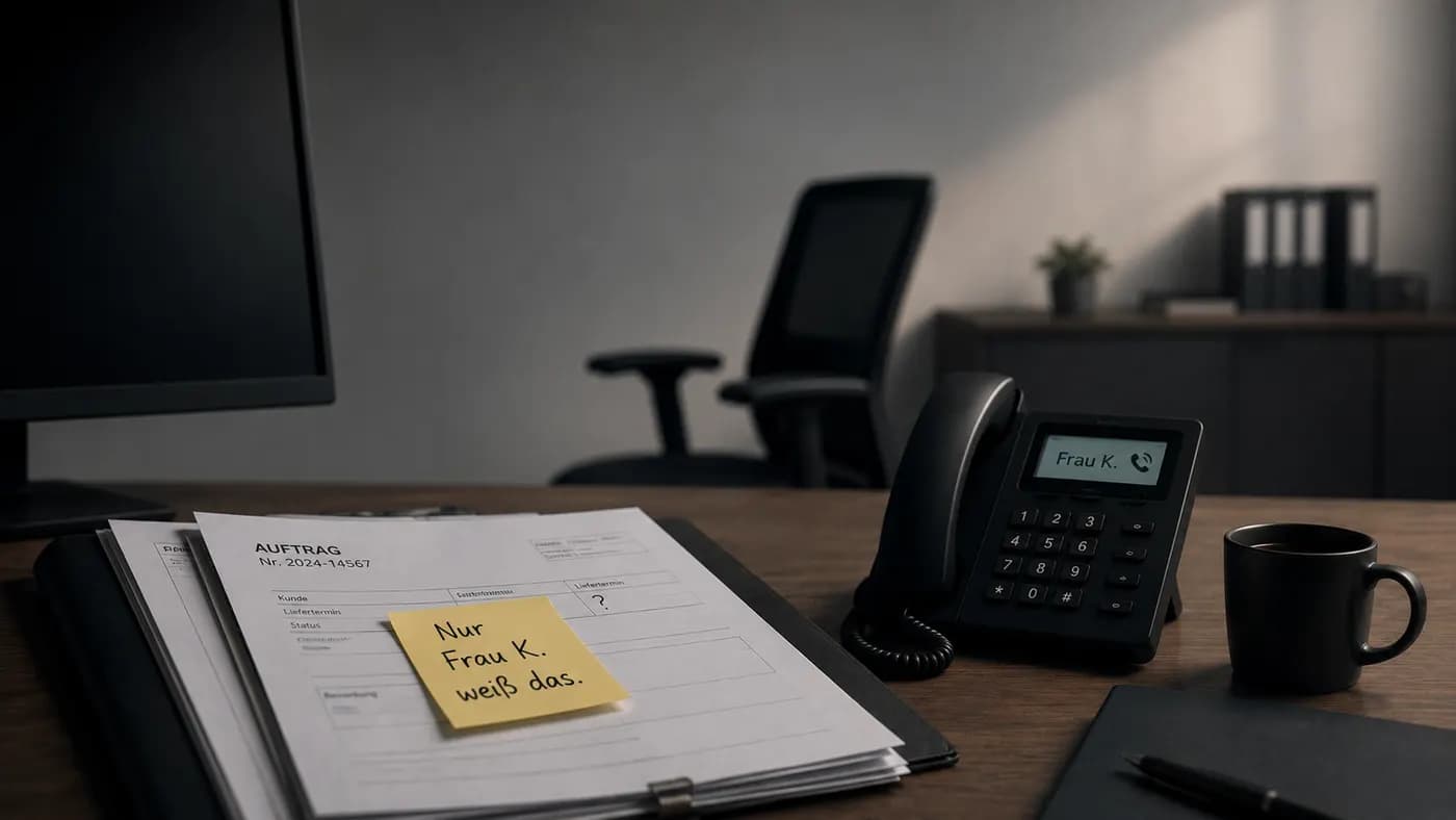 Minimalistische Illustration eines leeren Büroarbeitsplatzes mit einem Auftrag, einem Notizzettel „Nur Frau K. weiß das.“ und einem Telefon. Das Bild symbolisiert Personenabhängigkeit in Geschäftsprozessen und die Risiken, wenn wichtiges Wissen nur bei einer einzelnen Person liegt.