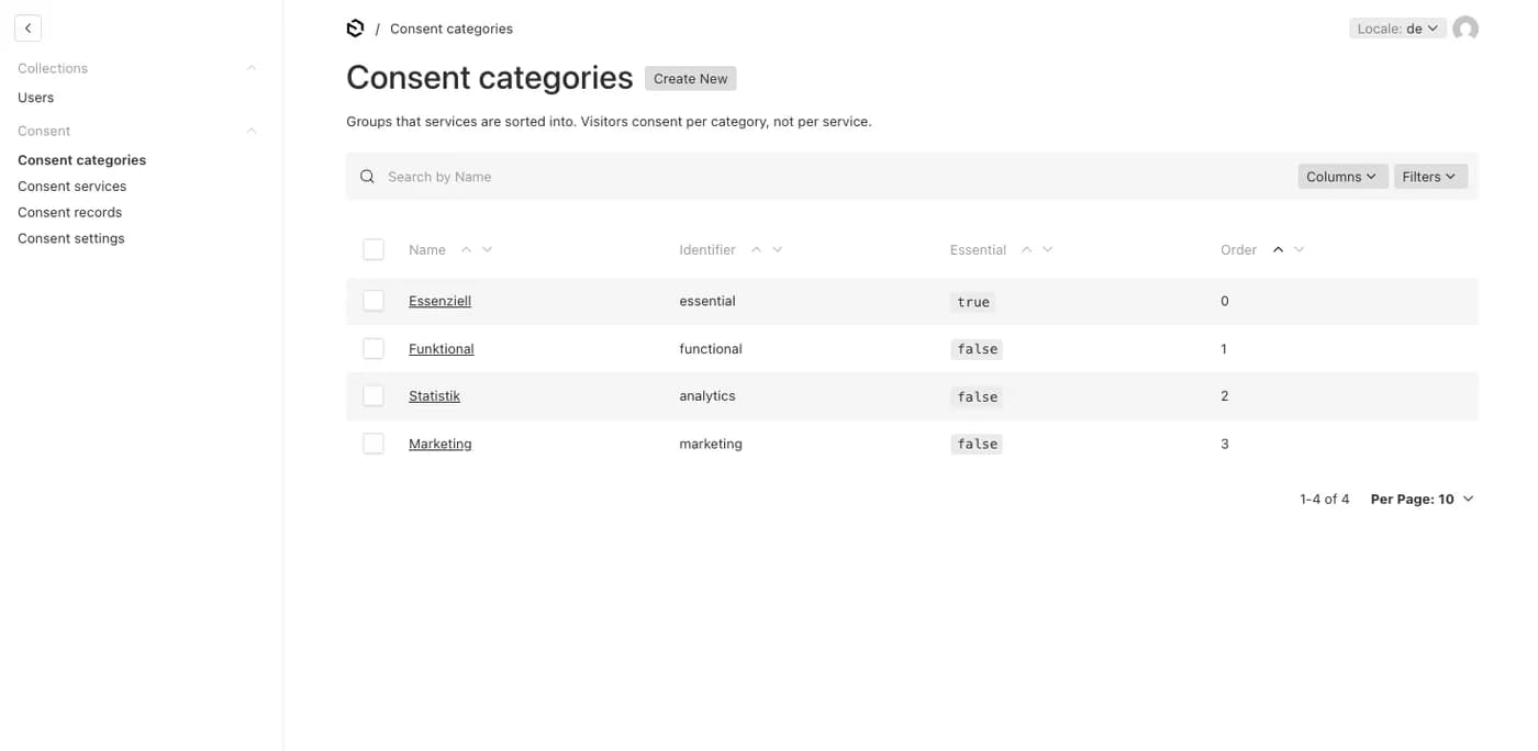Zeigt die Liste der konfigurierte Consent Kategorien. Im Bild: Essenziell, Funktional, Statistik, Marketing