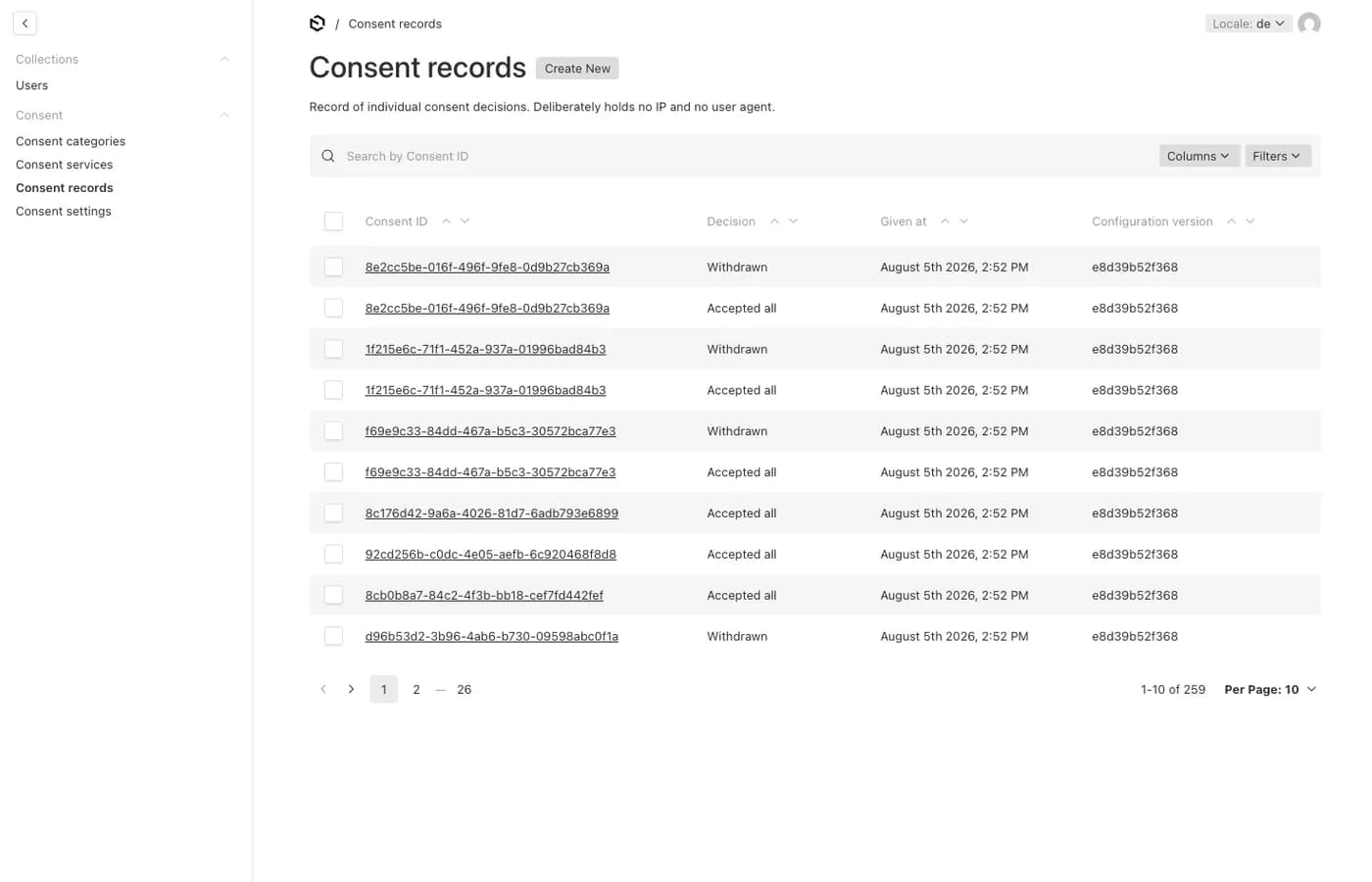 Zeigt die Liste der gespeicherten Consent Records, über angenommene/abgelehnte Cookies