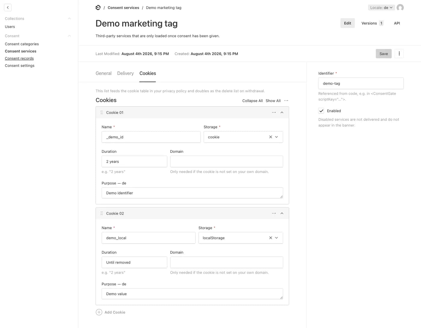 Zeigt die cookie Einstellungen eines Consent service