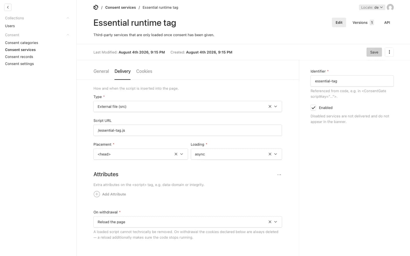 Zeigt die delivery Einstellungen eines Consent service