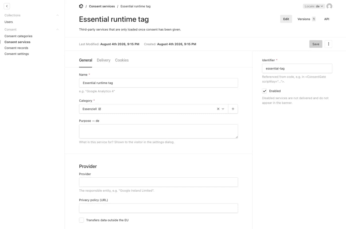 Zeigt die generellen Einstellungen eines Consent service