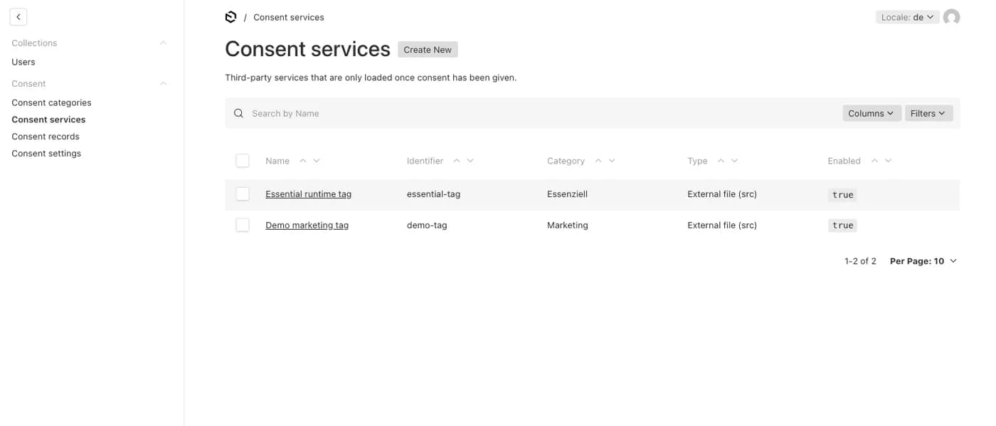 Liste der konfigurierten Consent services. Im Bild: Essential runtime tag und Demo marketing tag