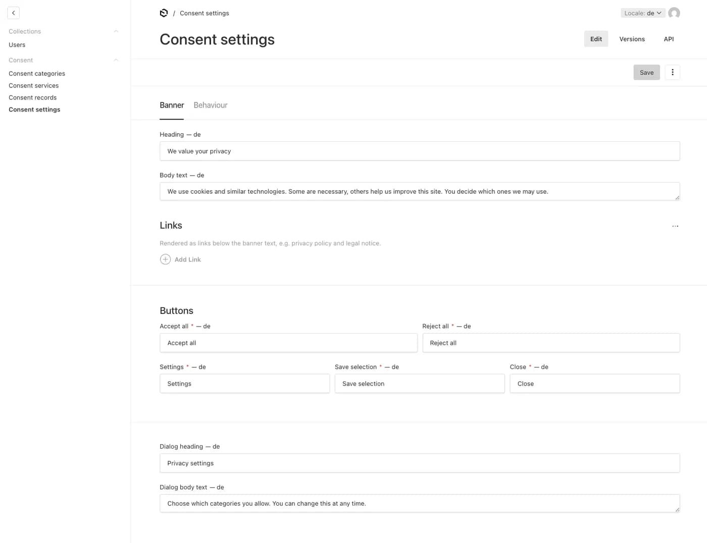 Zeigt die Einstellungen für das Consent Banner