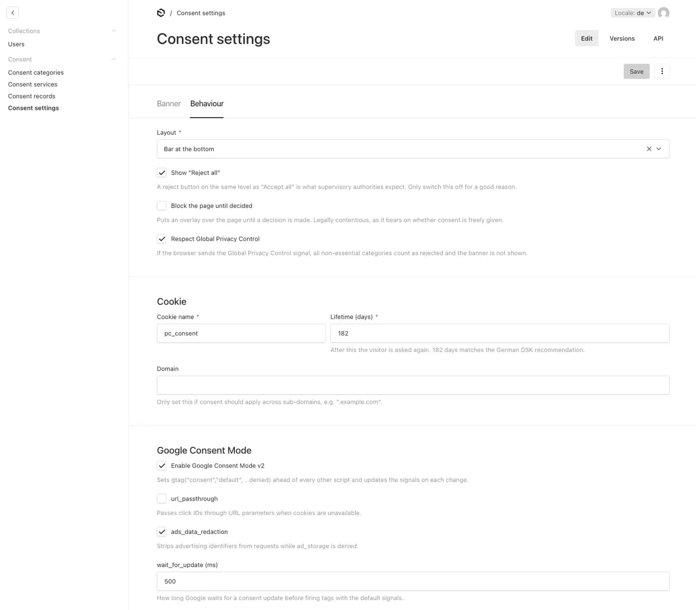 Zeigt die Einstellungen für das verhalten des Consent Banners