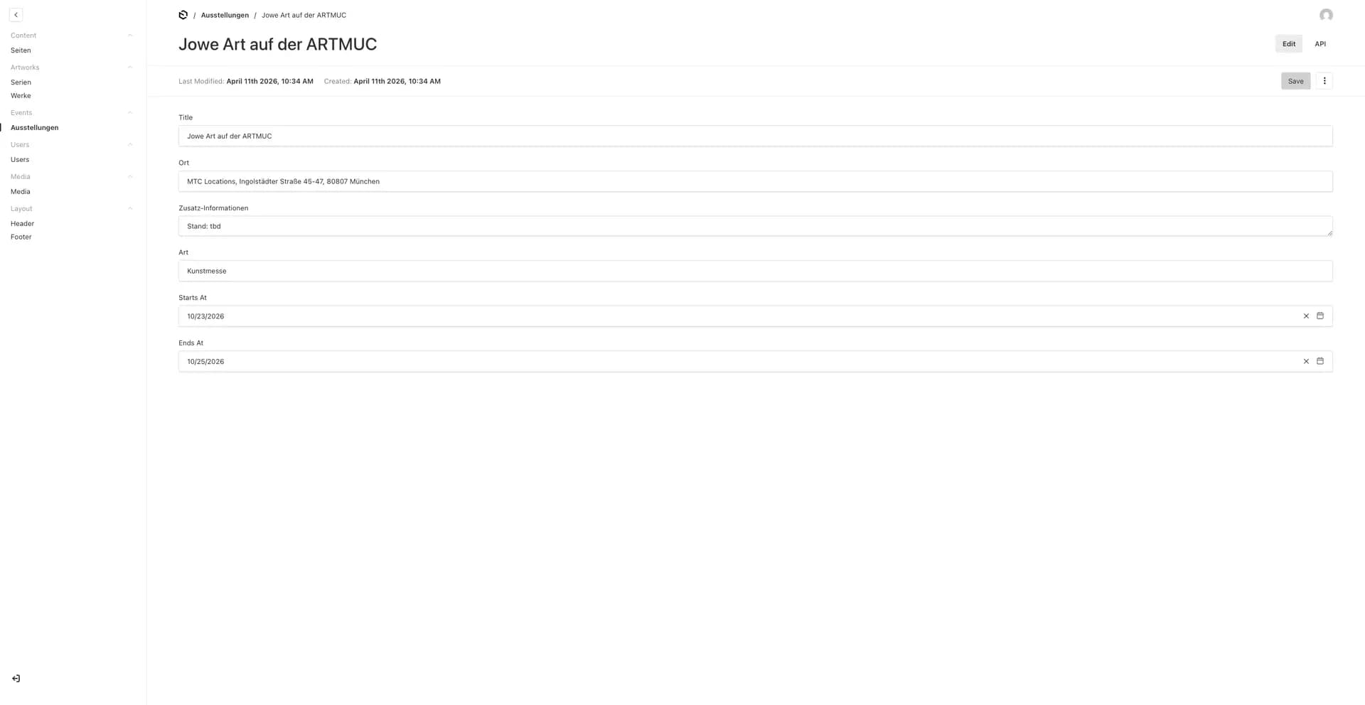 Ein Screenshot aus dem CMS Backend, welcher die Bearbeitungsmaske der Ausstellungen zeigt.