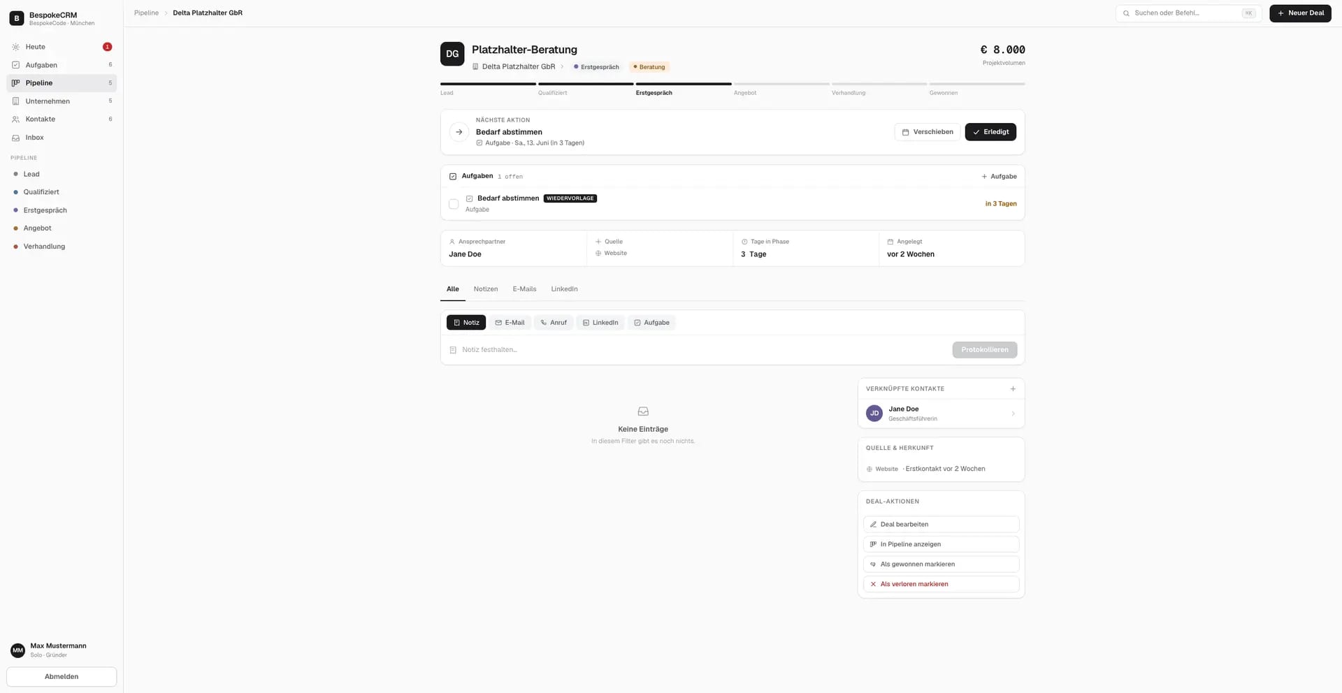 Screenshot der Deal Details Seite der BespokeCRM Software