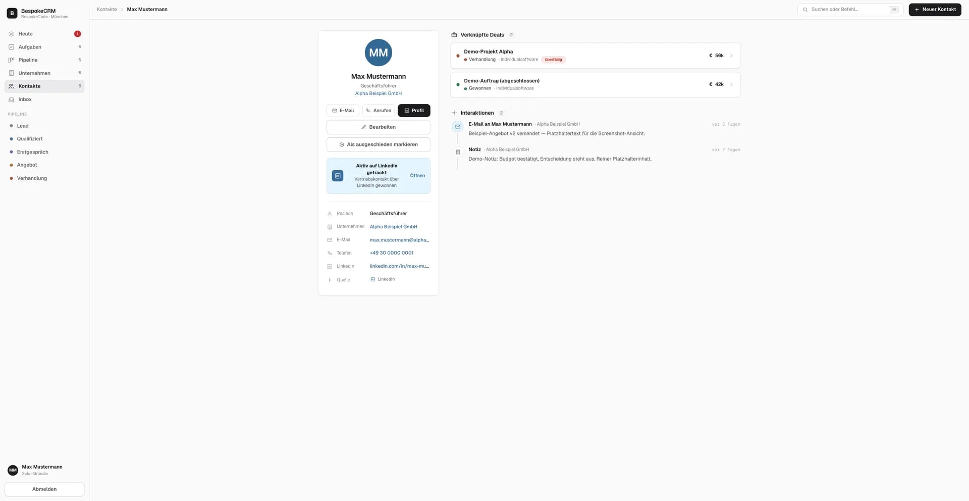 Screenshot der Kontaktdetail Seite der BespokeCRM Software