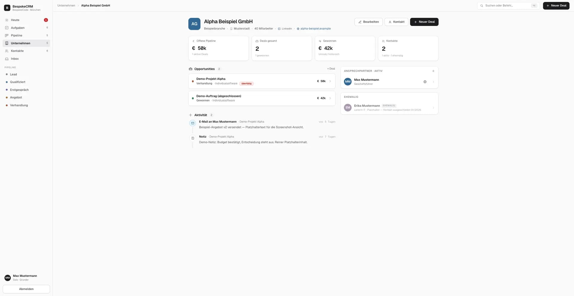 Screenshot der Unternehmensdetails Seite der BespokeCRM Software
