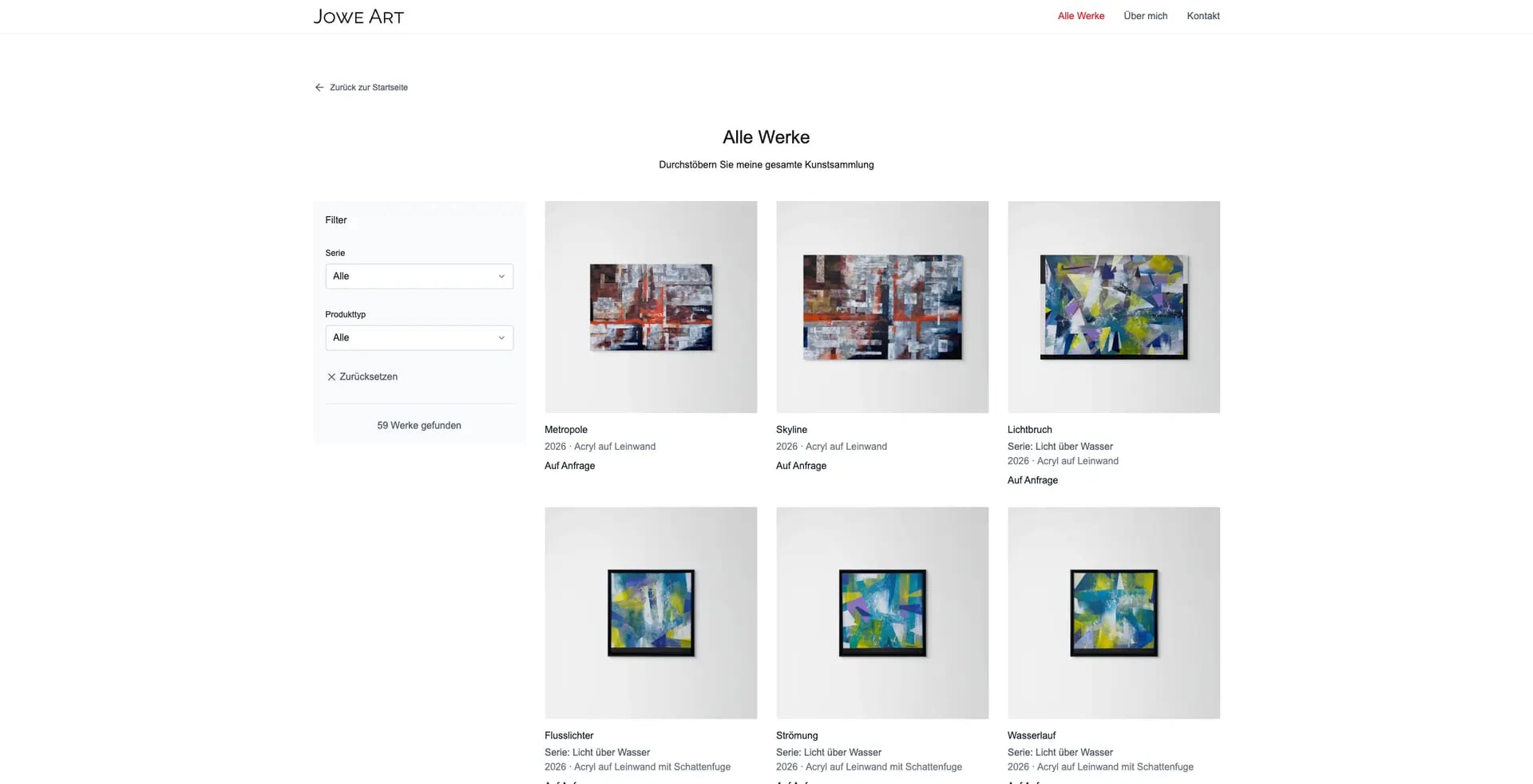 Ein Screenshot der "Alle Werke" Seite auf jowe-art.com. Der Screenshot zeigt eine Galerie der Werke und einer Filterleiste auf der linken Seite, mit Filtern für die Serie und den Produkttyp.