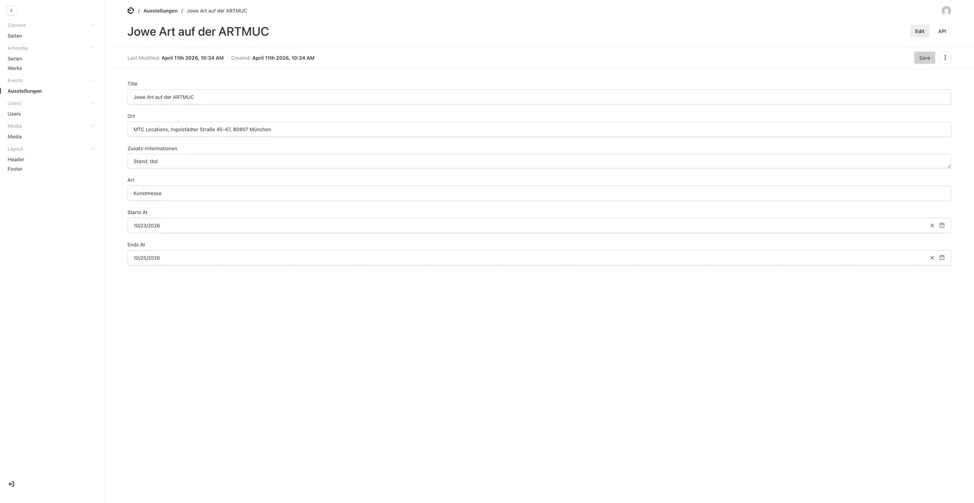 Ein Screenshot aus dem CMS Backend, welcher die Bearbeitungsmaske der Ausstellungen zeigt.