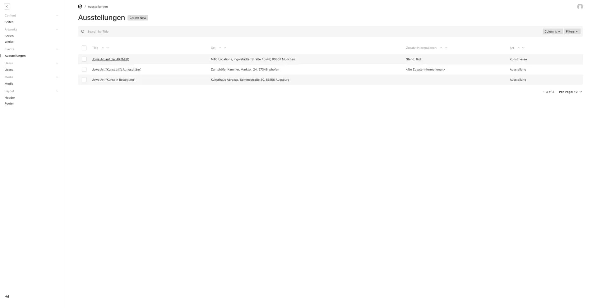 Ein Screenshot aus dem Backend der die Liste an erstellten Ausstellungen anzeigt.