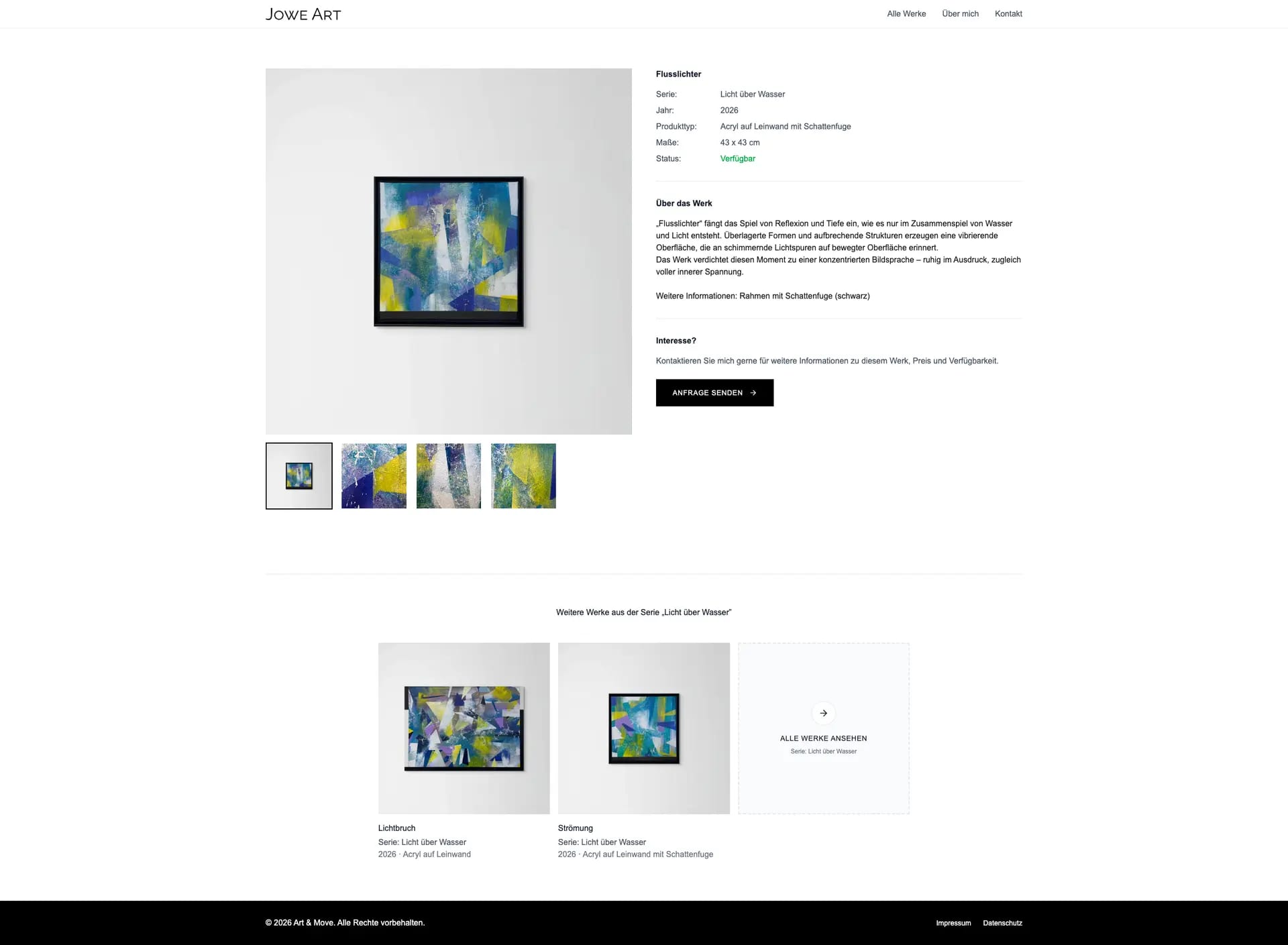 Screenshot einer Detailseite eines Werkes auf jowe-art.com. Im oberen Bereich sieht man auf der linken Seite Bilder mit Thumbnails des Werkes und rechts eine Beschreibung. Im unteren Bereich ist eine Auflistung weiterer Werke aus der gleichen Serie zu sehen.