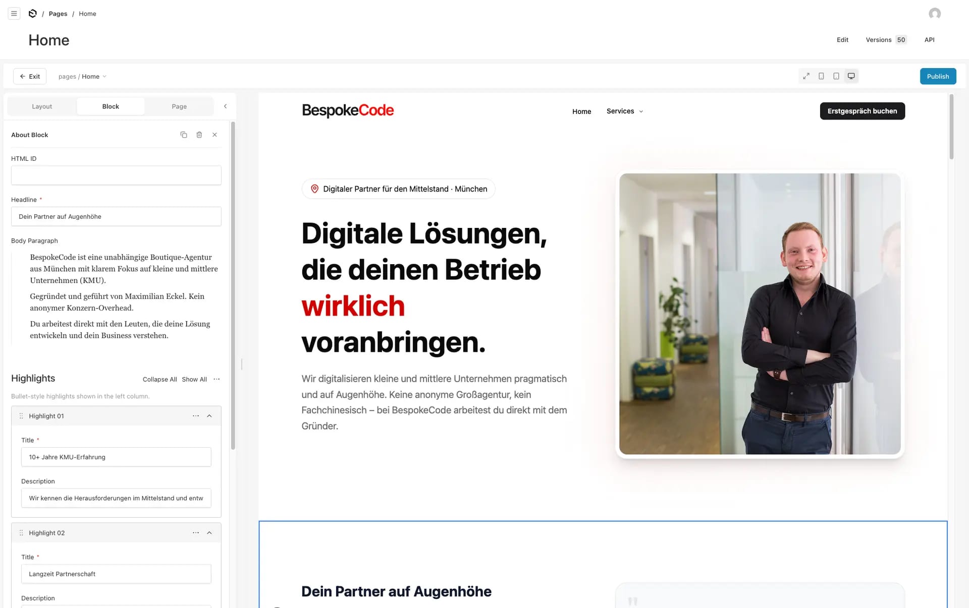 Felder direkt am Inhalt