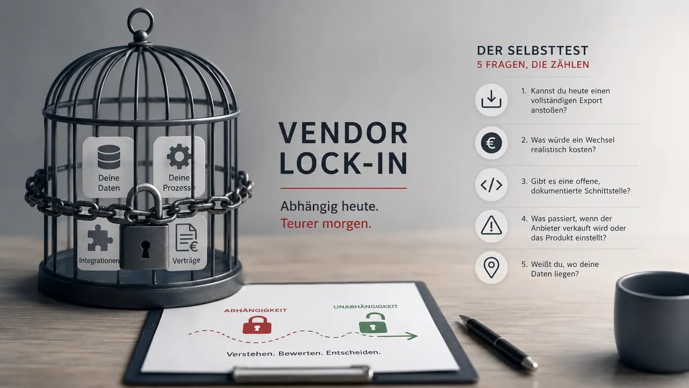 Symbolische Darstellung von Vendor Lock-in: Ein verschlossener Käfig steht für die Abhängigkeit von Softwareanbietern, ergänzt durch eine Checkliste zur Bewertung von Daten, Schnittstellen und Wechselmöglichkeiten.